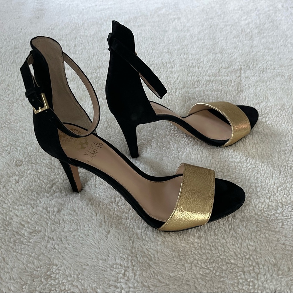 Vince Camuto Black Suede/Gold Open Toe Pumps